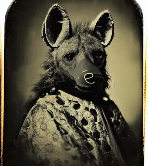 Image similar to professional studio photo portrait of anthro anthropomorphic spotted hyena head animal person fursona wearing elaborate pompous royal robes clothes by Louis Daguerre daguerreotype tintype