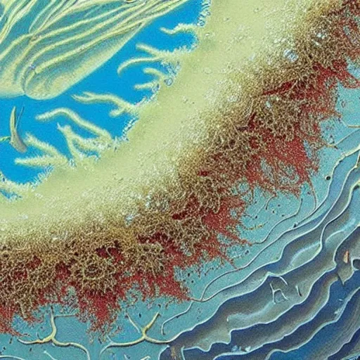 Prompt: beautiful and artistic mycelium on a fantastic planet and unusual inhabitants of the oceans, highly detailed, Pattern with optical illusion