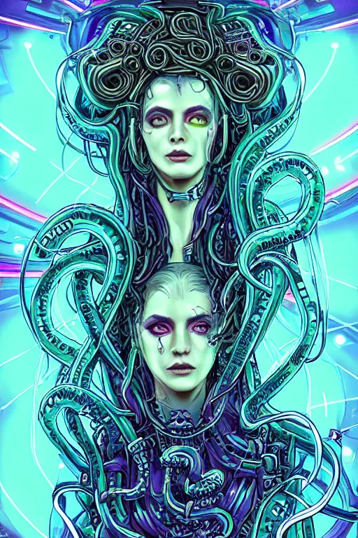 Prompt: Perfectly-centered hyperdetailed symmetrical cinematic surreal arthouse aetherpunk RPG professionally made portrait-illustration of a cyberpunk Medusa dressed in a cosmic horror dress with long ravepunk snakes as hair standing next to luminiscent otherworldly towers, neon-noir lovecraftian blurred background, HDR digital art in comic-book cover style, 3D rim light, professional post-processing, 3d final render, masterpiece, trending on Gsociety and Artstation