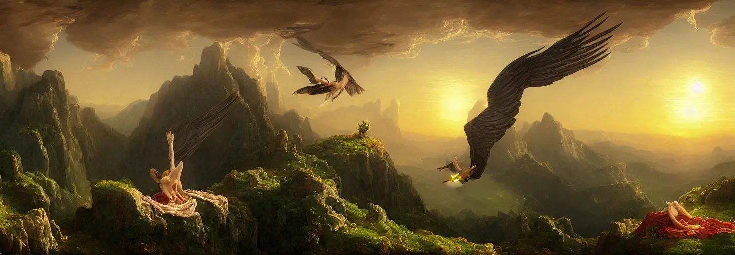 Image similar to Icarus with his wings on fire in a downward tailspin while Daedalus bows his head in disbelief from his workshop in the mountains below. in the style of a surreal and awe-inspiring thomas cole and albert Bierstadt digital art panoramic landscape painting at sunset. unreal engine, 4k, matte, exquisite detail, lens pop