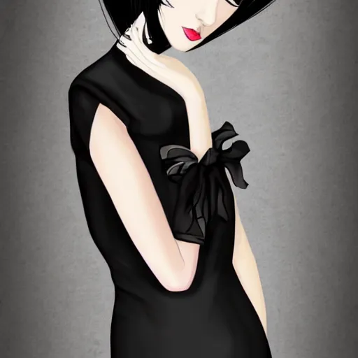 Prompt: beautiful delicate pale thin goth woman with black hair, wearing long black and purple dress, highly detailed, illustration