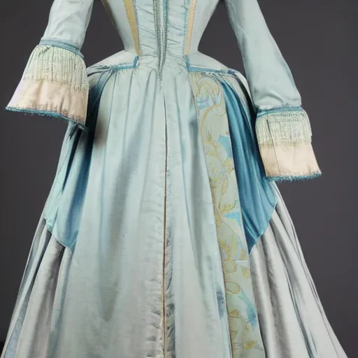 Prompt: the decorative detail of padded satin rouleaux are applied lavishly to this 1 8 2 0 s blue and green gauze dress. the feather pattern is an ethereal choice in gauze, overlaid with the couched loops of ivory silk.