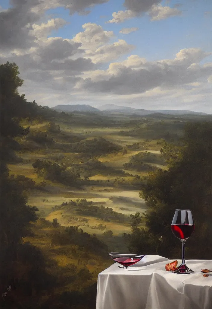 Prompt: a giant glass of wine in a vast landscape by salvadordalli oil on canvas sharp detailed, digital art.