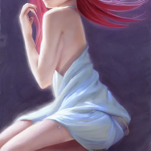 Prompt: a stunning serene anime portrait of a young woman of middling height with a light complexion by Mark Arian, oil on canvas, masterpiece, legs visible, detailed legs, ultrarealism, piercing gaze, autumn bokeh, hair reaches near her mid-back and forms rounded locks mainly blue in coloration with thin pink-colored streaks running through, hair has one white streak of hair over her left eye, hair has blunt bangs that fall on her forehead split near the left, an ahoge stands up on her head, has a pair of white upward-curving bull horns emerging from the sides of her head, has large round eyes with violet irises fringed by long lashes, her face up to the nose is covered by a pink face mask with a scalloped edge trimmed with a white stripe, she is wearing a long-sleeved minidress that is white and pleated above the waist with a blue bow below a point collar the dress\'s lower light-blue and non-pleated section with a button placket in the middle ending in a short skirt part that has a slightly ruffled hem leaving most of her legs visible, fastened on her shoulders is a darker-blue cape trimmed with light-blue fur on its edges with blue insides which goes near the ground, her footwear is red high heels