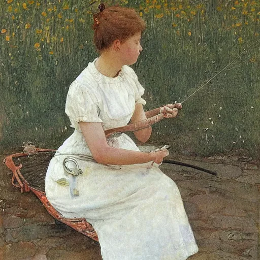 Image similar to a woman wearing a white dress fishing, by Carl larsson