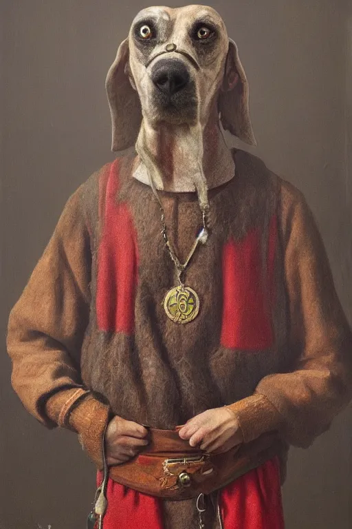 Image similar to Slavic dog head man, woolen torso in medieval clothes, Saint Christopher, oil painting, hyperrealism, beautiful, high resolution, trending on artstation,