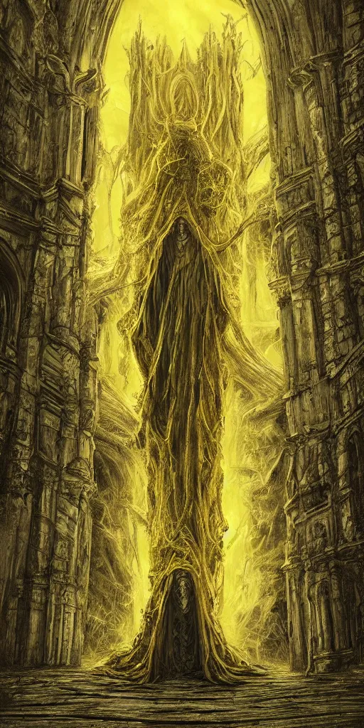 Image similar to a tall towering huge pale human wearing a yellow garment sitting upon an ornate stone throne, 4K, digital art, lovecraftian, lovecraft art, artstation, horror, dramatic, wearing a long yellow rotting garment, dark, hyperrealistic, dramatic perspective, complex (((dark))) cathedral background, dark background, highlights,