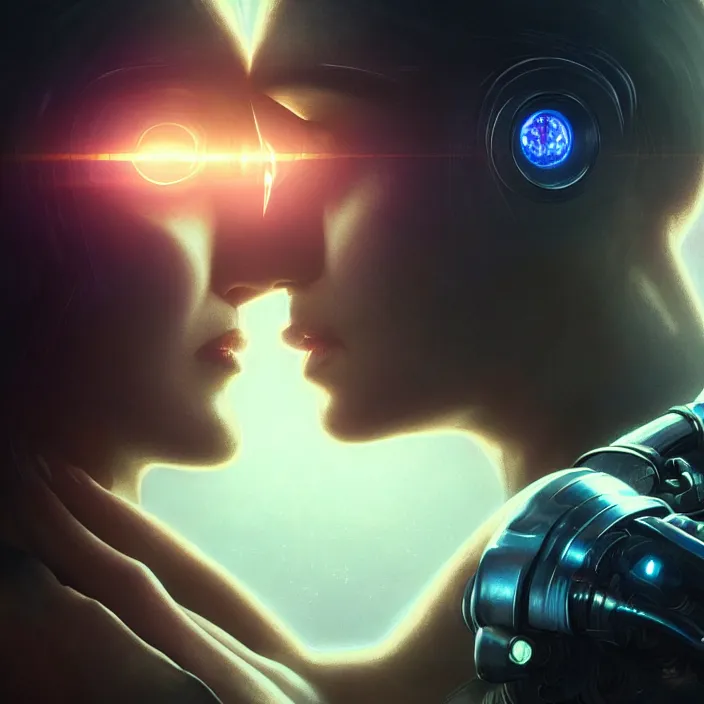 Image similar to ultra realistic medium shot of a couple of cyborgs kissing, lovers, cyberpunk, sci - fi, fantasy, kodak, colour led, soft light, volumetric lighting, night, intricate, highly detailed, digital painting, concept art, smooth, sharp focus, illustration, art by artgerm and greg rutkowski and alphonse mucha