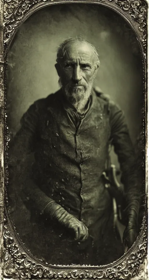 Prompt: a highly detailed wet plate photograph, a portrait of an alchemist