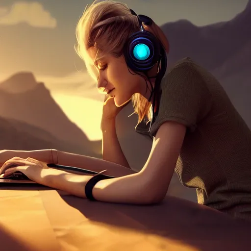 Prompt: photorealistic illustration of beautiful girl working on black laptop at old van on nature, long blonde hair, blue eyes, headphones, sunset at mountains, high detailed, octane render, Pasquale Scionti on Artstation