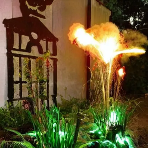 Image similar to small home garden with a rammstein concert pyrotechnics display