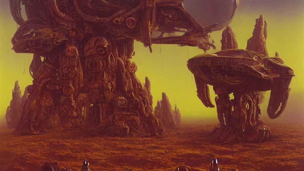 Image similar to mysterious whimsical sculpture of alien technology by paul lehr and john schoenherr and john harris, cinematic matte painting