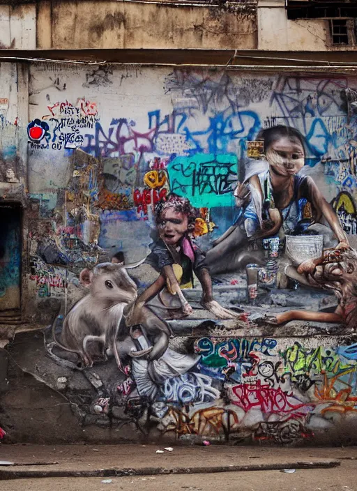 Image similar to potrait of slum neighbourhood, potholes road, some detailed peoples, some detailed rats, some detailed graffiti, some clear mural, foggy, trash scattered, intricate, hyperdetailed, photorealistic, diffuse lighting, hdrp, pinterest, octane, smooth, textless, sharp focus, photo by anna forsterling, saul bromberger, yulia nevskaya