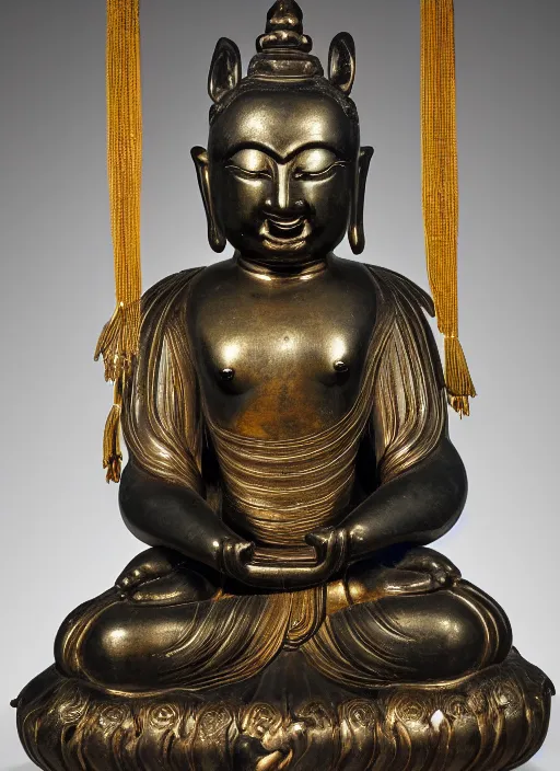 Image similar to photo of a magnificent gilt-bronze seated figure of bodhisattva, anthropomorphized asian black bear, head of an asian black bear with lots of fur detail, realistic bears head, Early Ming dynasty, late 14th-15th century, studio lighting