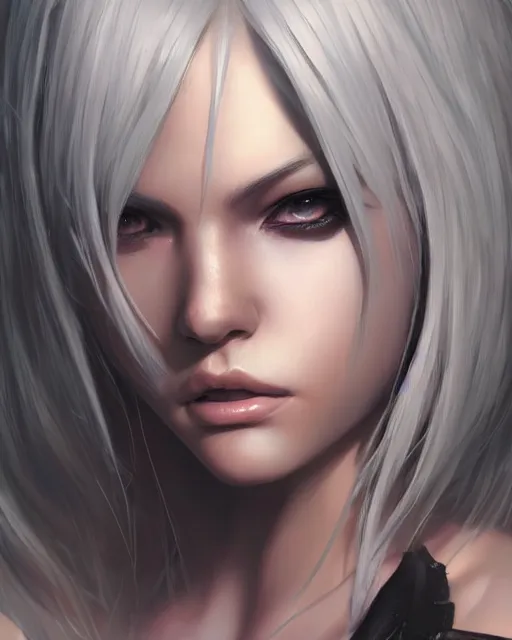 Prompt: a stunning portrait of a 2 from nier, digital art by julie bell and artgerm and ross tran and angel ganev, close up portrait, highly detailed, trending on artstationhq