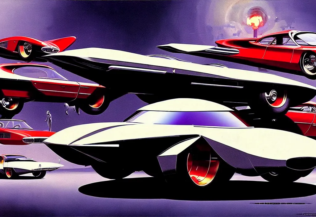 Image similar to an extremely complex and advanced car from the 1960s, extreme plus resolution fantasy concept art, intricate details to everything visible, sharp lighting, Dramatic light by Denis Villeneuve, strong emphasis on Syd Mead and Robert McCall