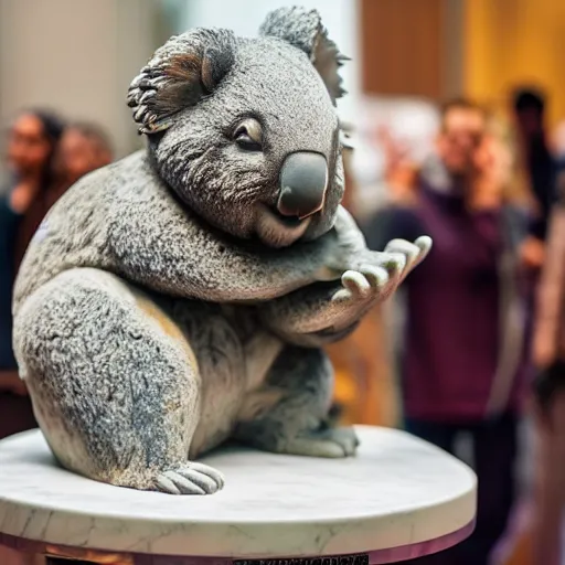 Image similar to a marble statue of a koala dj in front of a marble statue of a turntable. the koala has wearing large marble headphones.