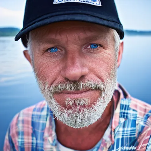 Image similar to portrait of 5 3 year old white male, blue eyes, greying hair, thinking back to his childhood days of spending summer vacations fishing on lake simard in mofett quebec, 4 k