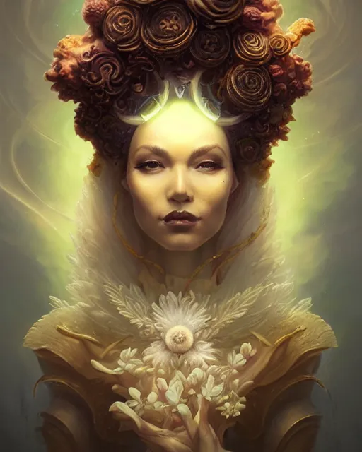 Prompt: highly detailed mycelium priestess portrait, artgerm, peter mohrbacher, intricate carved ivory flower blooms, artstation, halo of light, gilding