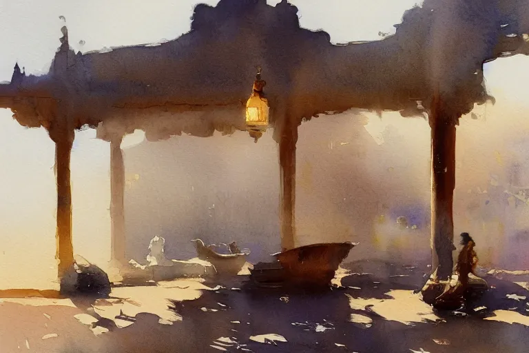 Prompt: small centered on watercolor paper, paint brush strokes, abstract watercolor painting of foggy dawn, ancient arabian sheik palace, cinematic light, national romanticism by hans dahl, by jesper ejsing, by anders zorn, by greg rutkowski, by greg manchess, by tyler edlin