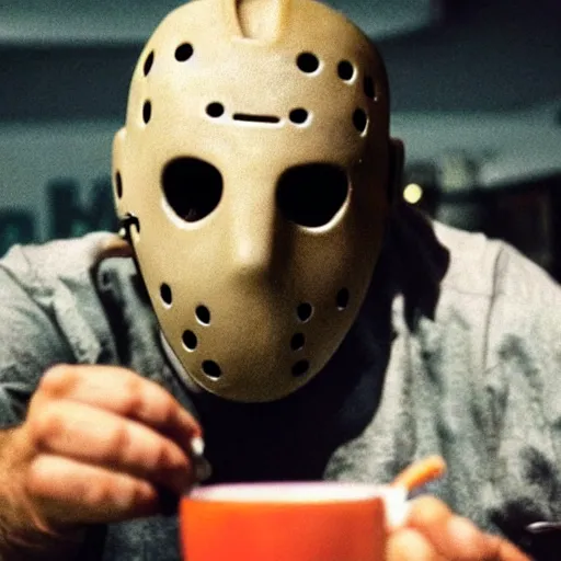 Prompt: photograph of jason voorhees having a coffee at an european caffé