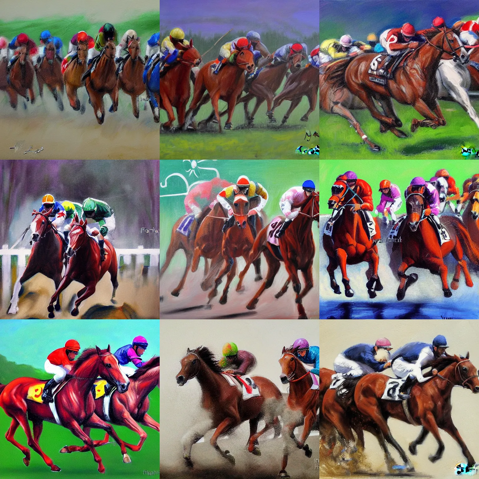 Prompt: horses racing, by flora yukhnovich