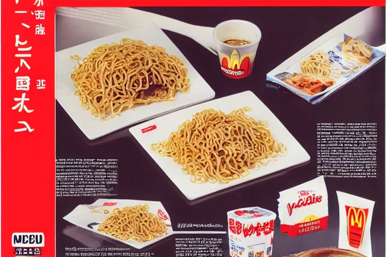 Image similar to mcdonald's yakisoba meal, in 1 9 9 5, y 2 k cybercore, advertisement photo