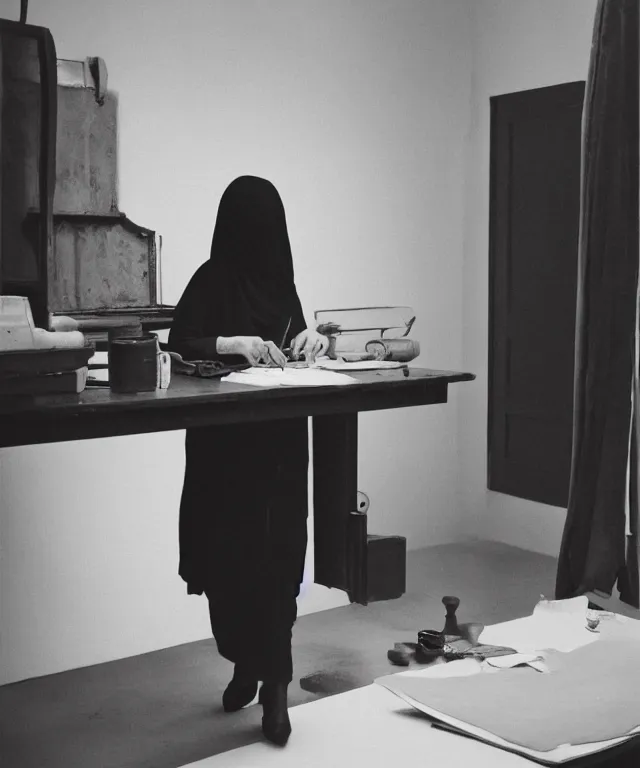 Prompt: a color photograph of persian woman in her workplace, by carrie mae weems, out of place, intense, bold, exaggerated, over proportion, hyperrealistic, ultra sharp, extra details, ultra high quality, trending on pinteresst