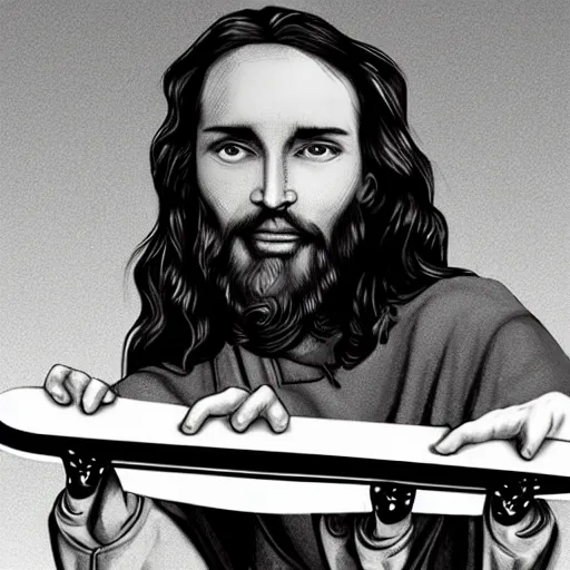 Image similar to Jesus riding a skateboard