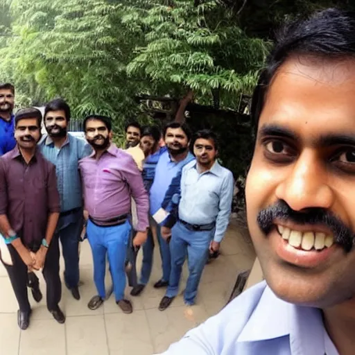 Prompt: selfie taken by an Indian man with his other Indian employees at an office building, wide angle photo
