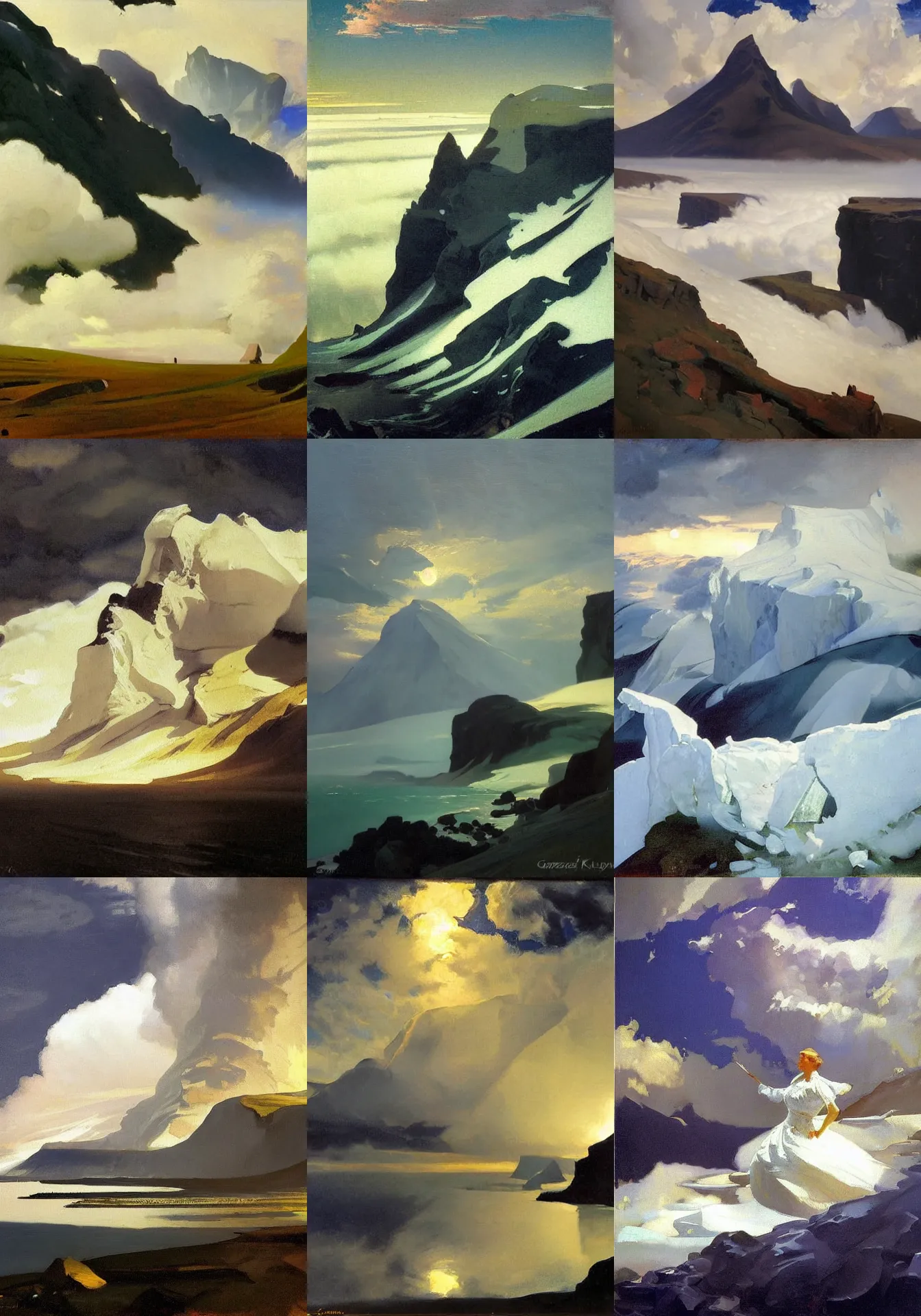 Prompt: painting by sargent and leyendecker and greg hildebrandt savrasov levitan kuindzhi aiwazovsky gorgeous fantasy landscape deep dark night and moonlight above the layered low clouds on madeira faroe azores iceland black coast icebergs and glacier alaska overcast storm wide angle view from above masterpiece