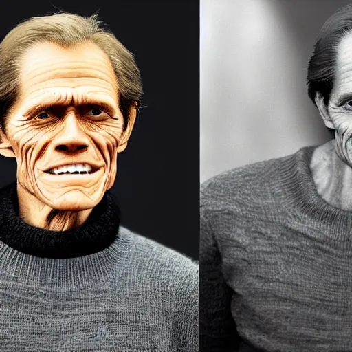 Prompt: A photograph of old Willem Dafoe in his eighties wearing a sweater in the 2010s, taken in the late 2010s, taken on a 2010s Camera, realistic, hyperrealistic, very realistic, highly detailed, very detailed, extremely detailed, detailed, digital art, trending on artstation, headshot and bodyshot, detailed face, very detailed face