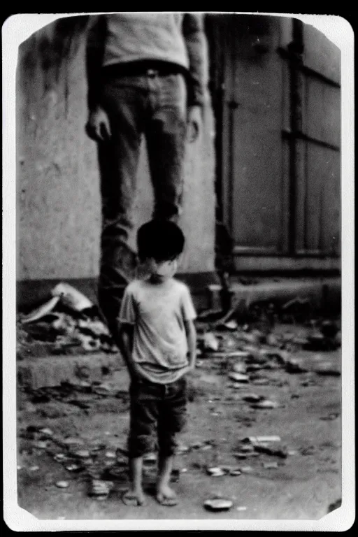 Image similar to photo polaroid of a sad and lonely child in a city devastated by bombs has a gun in his hand, loneliness,war, black and white ,photorealistic, 35mm film,