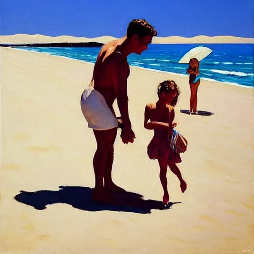 Image similar to a couple and a baby on a beach in sardinia, white sand, blue sky, summer, painting by jack vettriano