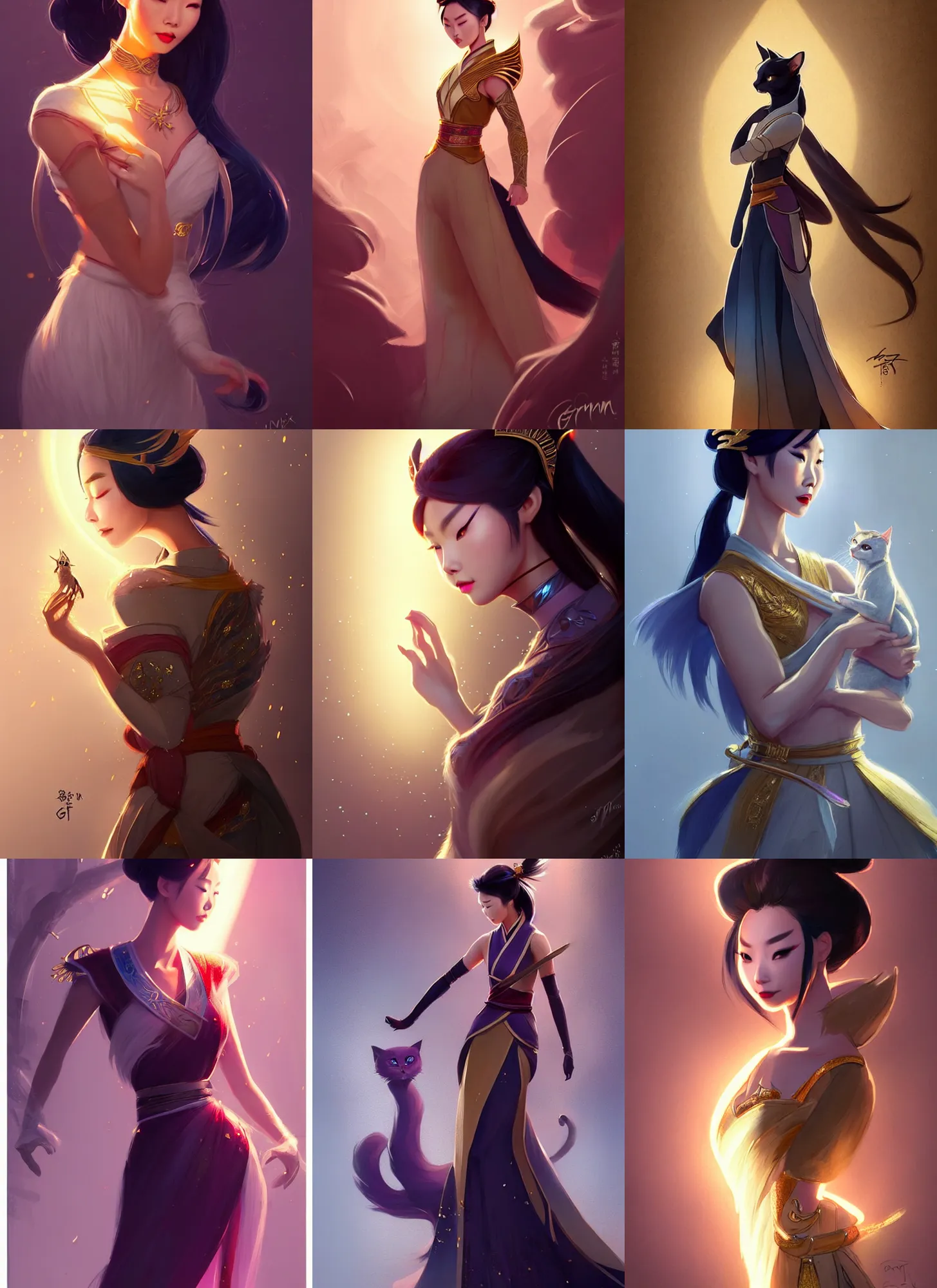 Prompt: fashion concept spot illustrations from a cats and mulan crossover, cosplay, by nixeu, by artgerm, by greg rutkowski, iridescent and gold and crystal, fullbody, intricate jewelry, god rays, hyper detailed, character concept, glowing particulate, intricate, elegant, digital painting, artstation, smooth, sharp focus.
