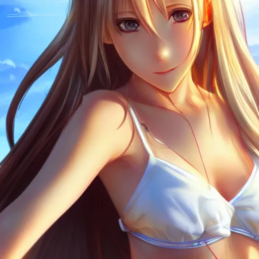 Image similar to a very beautiful yuuki asuna, full body, long wavy blond hair, sky blue eyes, full round face,, bikini, miniskirt, front view, mid - shot, highly detailed, cinematic wallpaper by stanley artgerm lau