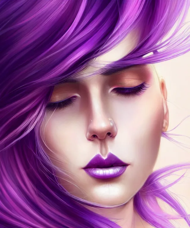 Image similar to Portrait of a woman with bright colored flying hair, all shades of purple. Hair coloring, beautiful lips and makeup. Hair fluttering in the wind, amber eyes, face, long hair, fantasy, intricate, elegant, highly detailed, digital painting, artstation, concept art, smooth, sharp focus, illustration, art by artgerm and greg rutkowski and alphonse mucha