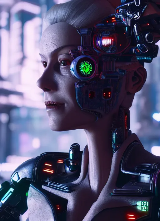 Image similar to 35mm portrait of a 7 of 9 borg with face implants on the background of a weird magical mechanical forest. Round gears visible inside her hear. Very detailed 8k. Fantasy cyberpunk horror. Sharp. Unreal 5 render with nanite, global illumination and path tracing. Cinematic post-processing