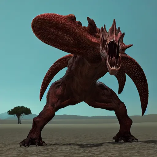 Image similar to photorealistic cinema 4 d render of an eldritch monster hunter