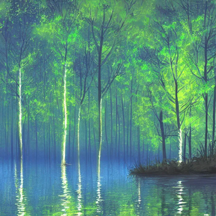 Image similar to lake trees night fireflies glowing above water digital painting concept art