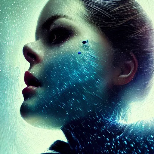 Prompt: 3 d, sci - fi, close - up, winter, fashion model esthete with disgust face, moon rays, cinematic, fog, multiple exposure, deep blue mood, vogue cover style, poster art, intricate oil painting, high detail illustration, figurative art, poster art, by tooth wu and wlop and beeple and greg rutkowski