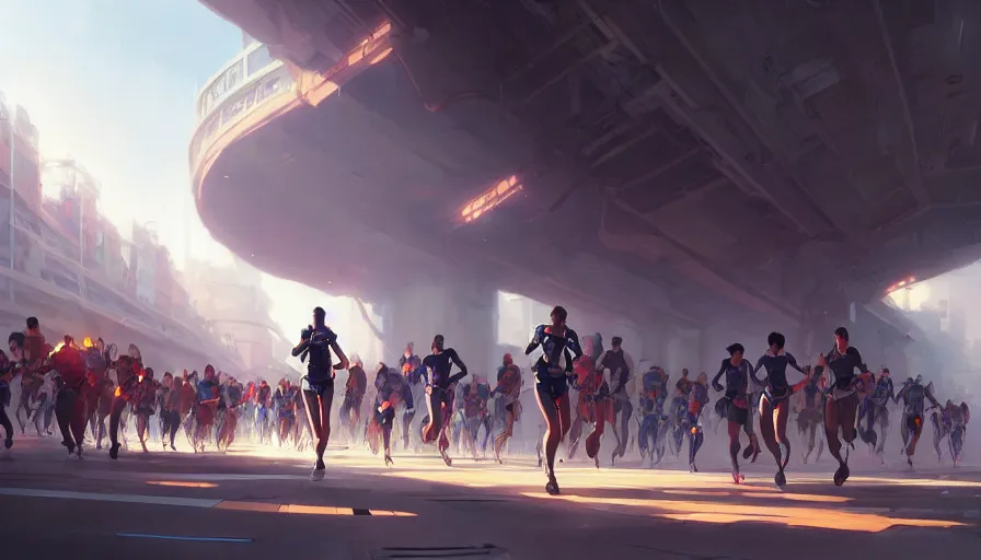 Image similar to marathon with running robots and people, artgerm greg rutkowski makoto shinkai, artstation