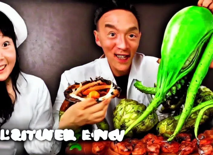 Image similar to Alien mukbang on YouTube. Alien vegetables, roasted. Exotic meat, grilled. Trending on YouTube. HD