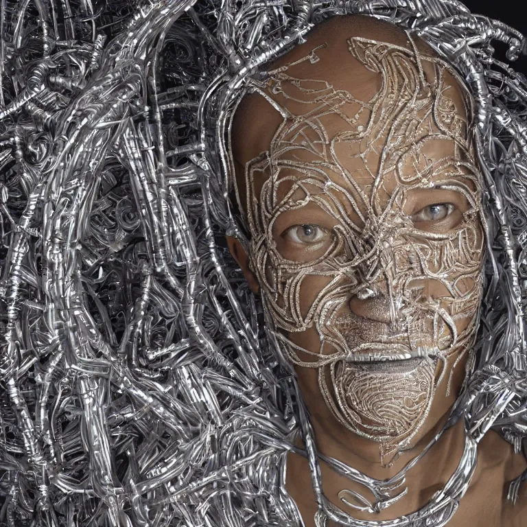 Image similar to hypperrealism octane render portrait by wayne barlow and carlo crivelli and glenn fabry, an afrrican mandinka dancer wearing an elaborate costume made of long strips of aluminum foil and hand - carved mask with intricate painted details surrounded by neon light tubes, cinema 4 d, ray traced lighting, very short depth of field, bokeh