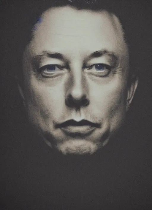 Image similar to dark photo of dark blue rainy bedroom window at night, dimly lit creepy face of elon musk staring in through the window, horror, scary face,