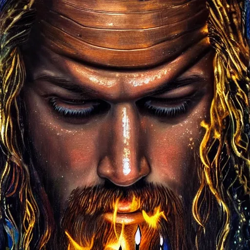 Image similar to intricate five star portrait of aquaman in tears, emotional, blowing the candle at his birthday, oil on canvas, hdr, high detail, photo realistic, hyperrealism, matte finish, medium contrast, 3 d depth, centered, masterpiece, grainy, muted colors, enhanced light effect, enhanced eye detail, artstationhd