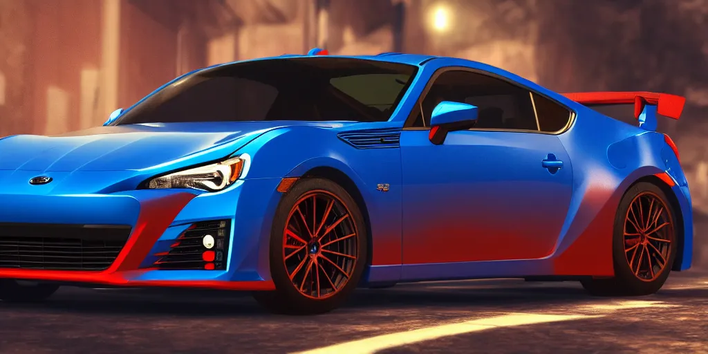 Prompt: blue brz with red brake calipers video game art, unreal engine, high - definition, 8 k, glowy lighting