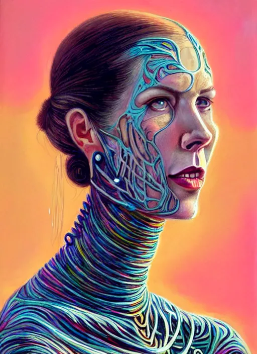 Image similar to portrait of catriona balfe as a long - neck woman with neck rings, hyper detailed ultra sharp trending on artstation, warpaint aesthetic, colorful, psychedelic, ornate, intricate, digital painting, concept art, smooth, sharp focus, illustration, art by artgerm and greg rutkowski and h. r. giger, 8 k