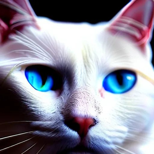 Image similar to epic professional oil painting of a gorgeous white cat with blue eyes, epic, stunning, gorgeous, intricate detail, much wow, 4K, masterpiece