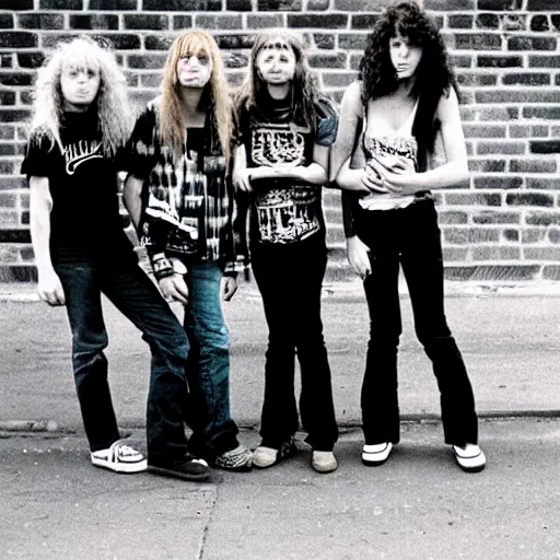 Prompt: Group of 19-year-old women holding electric guitars, long shaggy hair, stoner rock, punk rock, grunge rock, alternative rock, noise rock, Subpop, grunge, band promo photo, 1991 photograph